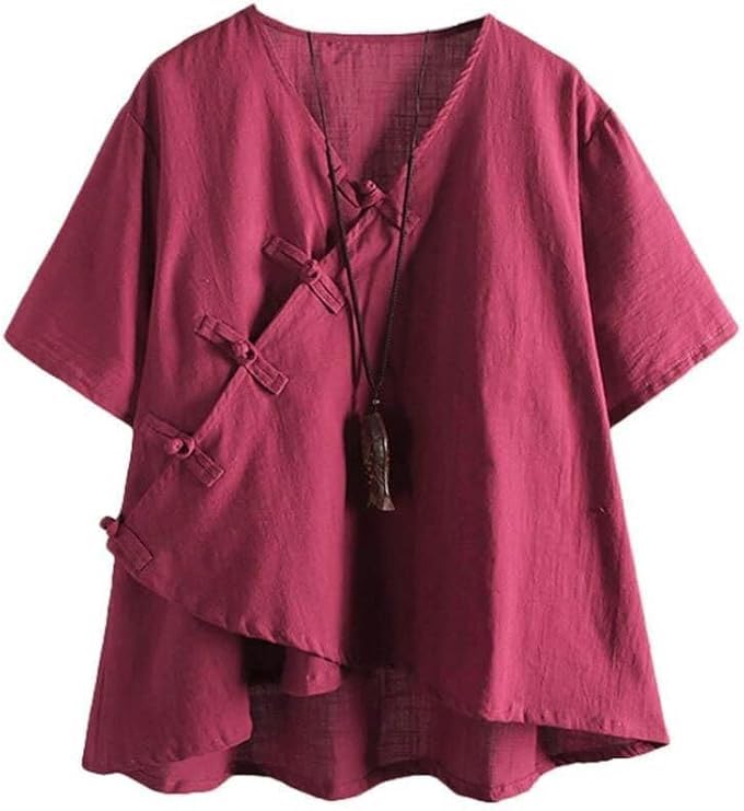 Minibee Women's Linen Retro Chinese Frog Button Tops Blouse Wine Red M - Image 1